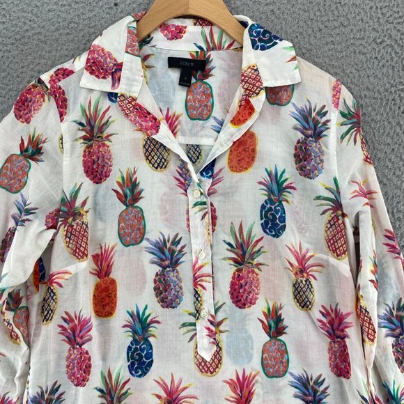 J Crew Shirt Womens 2 White Multi Pineapple 1/4 Button Up Collared Long Sleeves - Picture 2 of 11